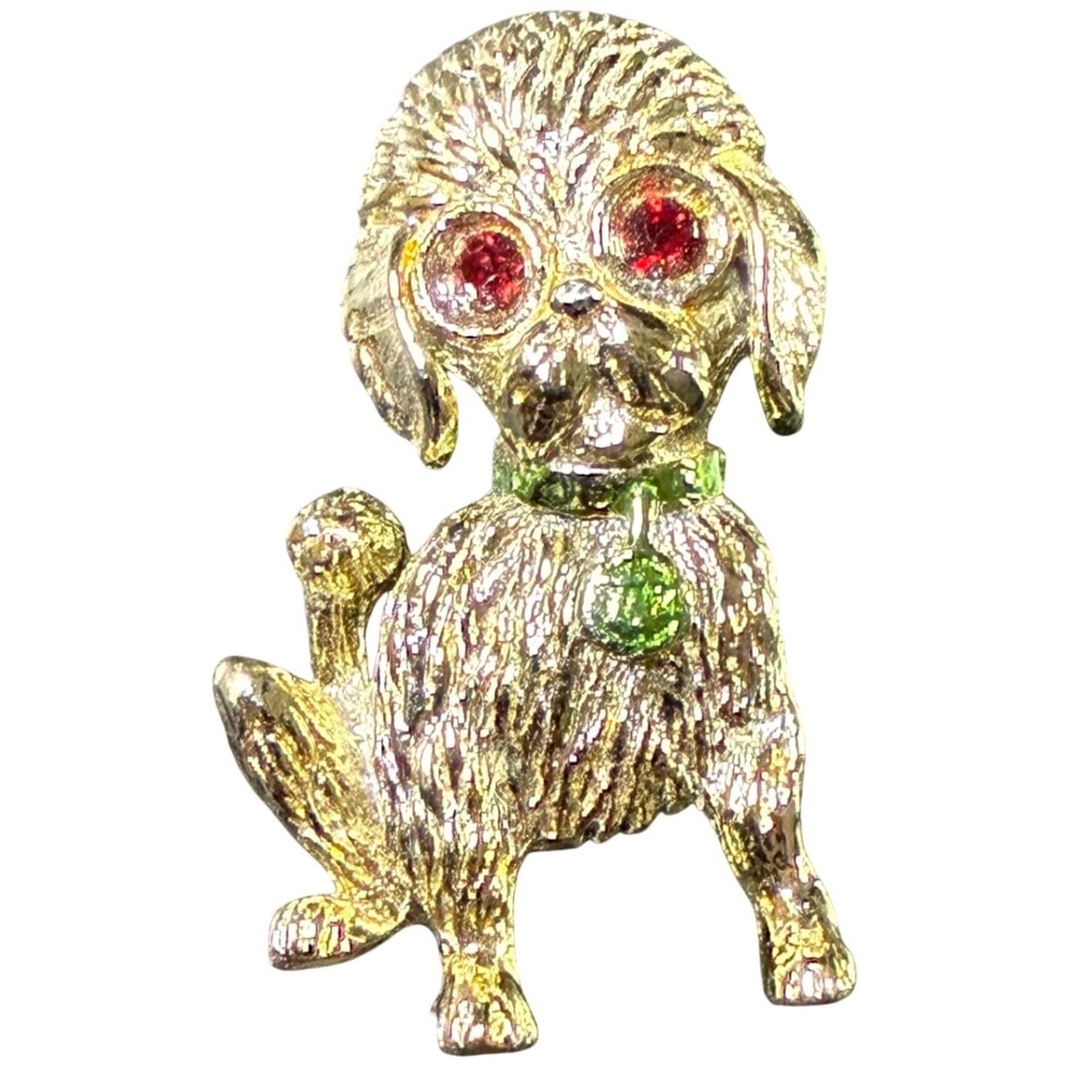 GERY Pins Poodle Dog Brooch Rhinestone Eyes Green Collar Gold Tone Vintage